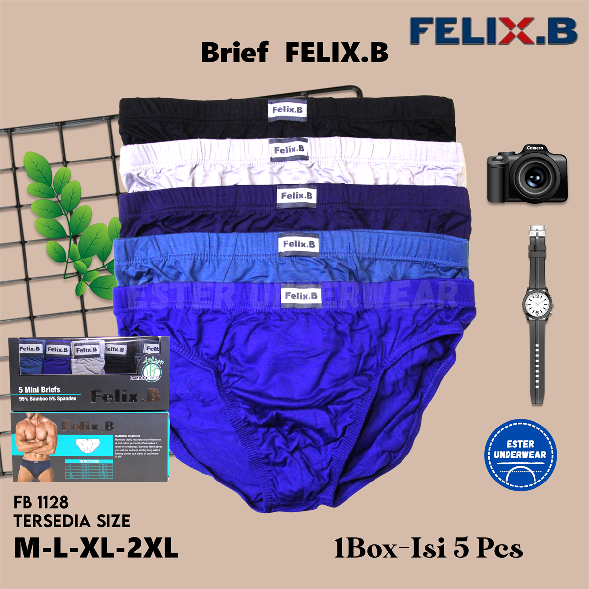 Felix.B Bamboo Spandex Mini Briefs 5in1 FB1128-5 Isi 5 Pcs