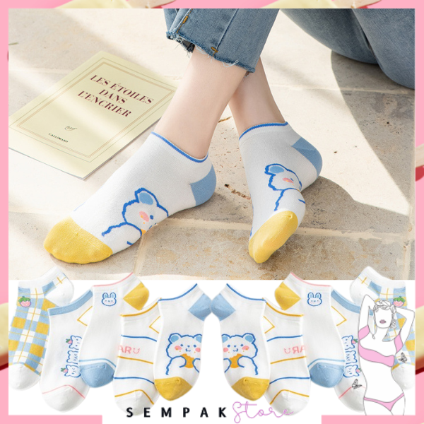 SS Kaos Kaki Wanita Kode 6771 Karakter Rabbit Bear Kaoskaki Pendek Semata Kaki Fashion Motif Kotak Garis  Women Sock Import Cute