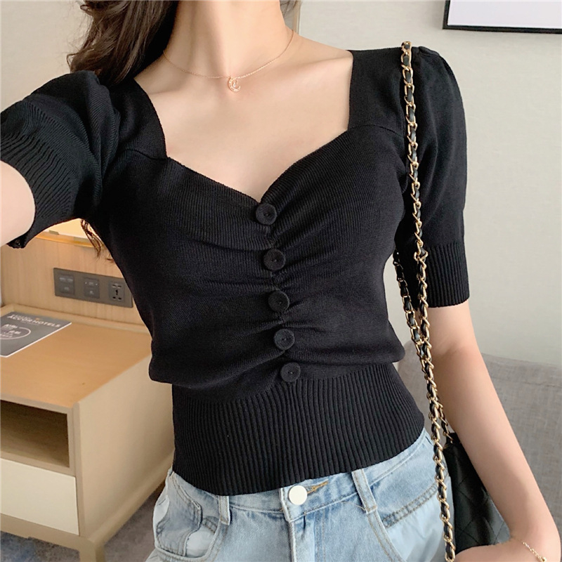 AJWShop Baju Rajut Vneck Kancing Import Premium Kekinian Korean Style | Kaos Wanita Rajut Korean Sty