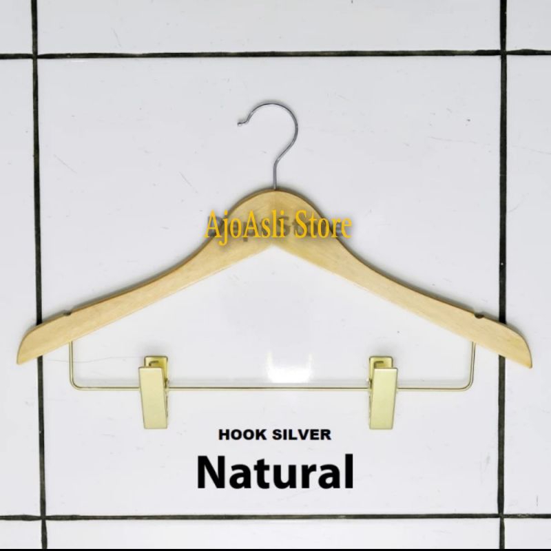 Hanger Kayu Natural Palang Besi Jepit Gold Gantungan