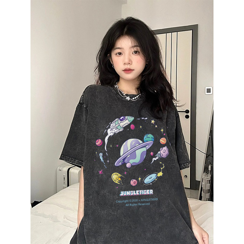 XIAOZHAINV Korean Style Travel Around The Planet Pattern Washed Printing Kaos Wanita A0137/Atasan Wanita Terbaru