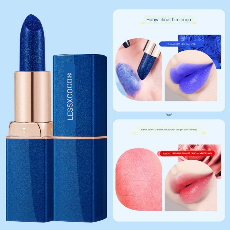 LESSXCOCO Blue Lipstick Color Changing Moisturizing Lip Gloss Biru Rubah Warna Waterproof Original Terlaris