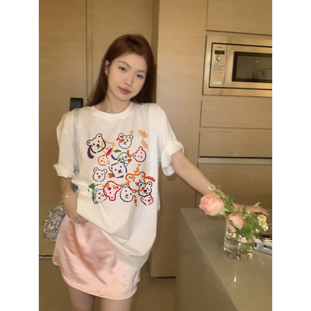 EUNII T-shirt Lengan Pendek Cartoon Graffiti Bear Korean Style/Kaos Atasan Wanita/Baju Kaus Oversize Wanita/Kaos Wanita