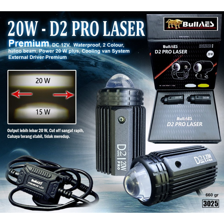 Lampu Tembak Super Terang LED Laser D2 PLUS Hi Loo 20 Watt Laser Output BULLAES UNTUK MOBIL ATAU MOTOR