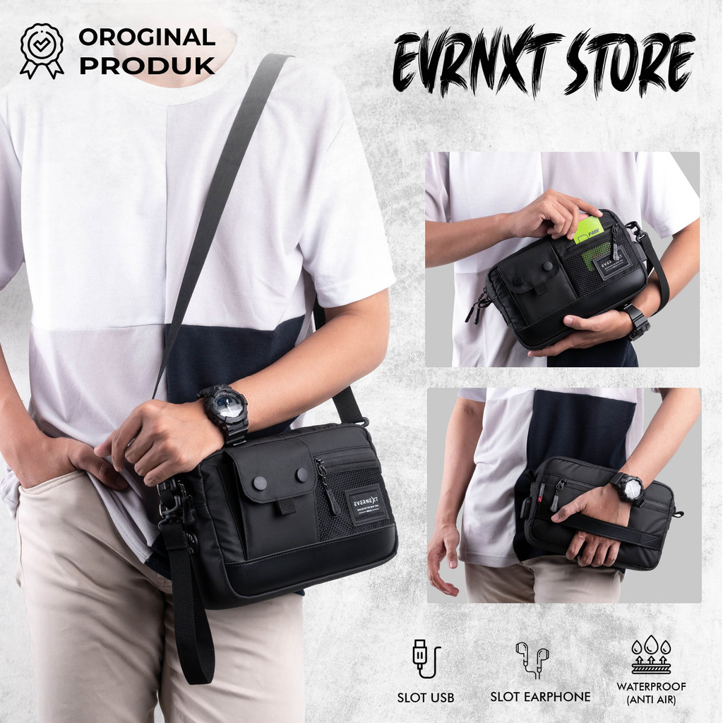 Tas Sling Pouch Bag Selempang Slempang Basic Hitam Waterproof Anti Air Tas Tangan Kecil Selempang Slempang Tangan Polos Jalan Jalan Kuliah Sekolah Kerja Kantor Ngantor Ngampus Kampus Pria Cowok Cowo Warna Hitam Keren Anti Air Waterproof