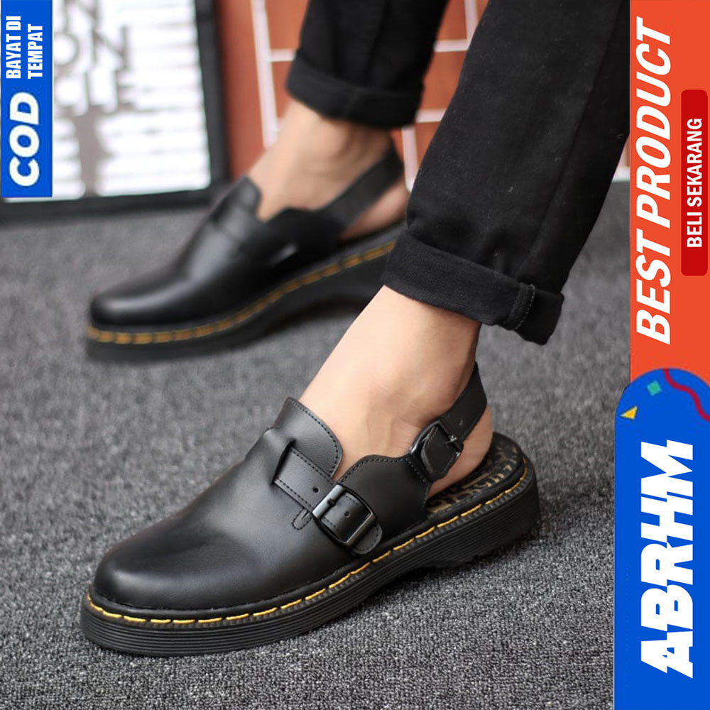 ABRHM Sepatu Sandal Bustong Pria Casual Kulit Slop Hitam