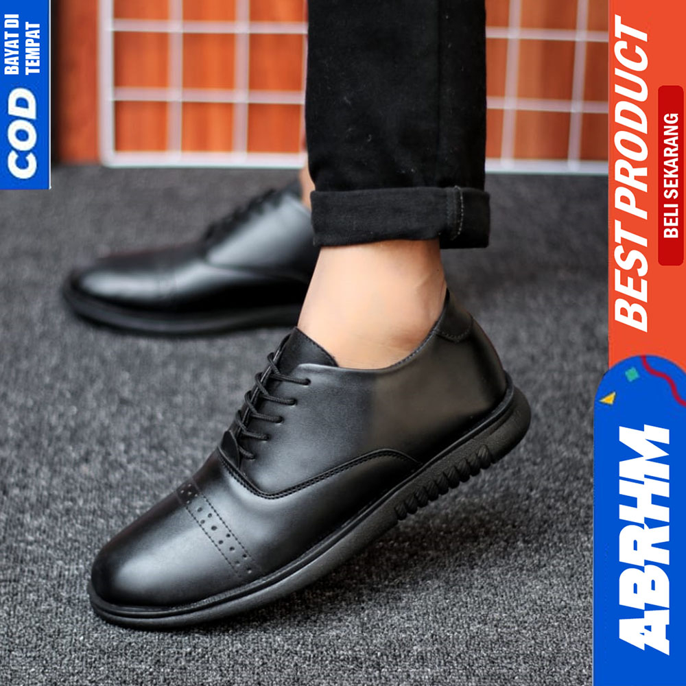 ABRHM Sepatu Formal Pantofel Pria Casual Kulit Kerja Pria Hitam