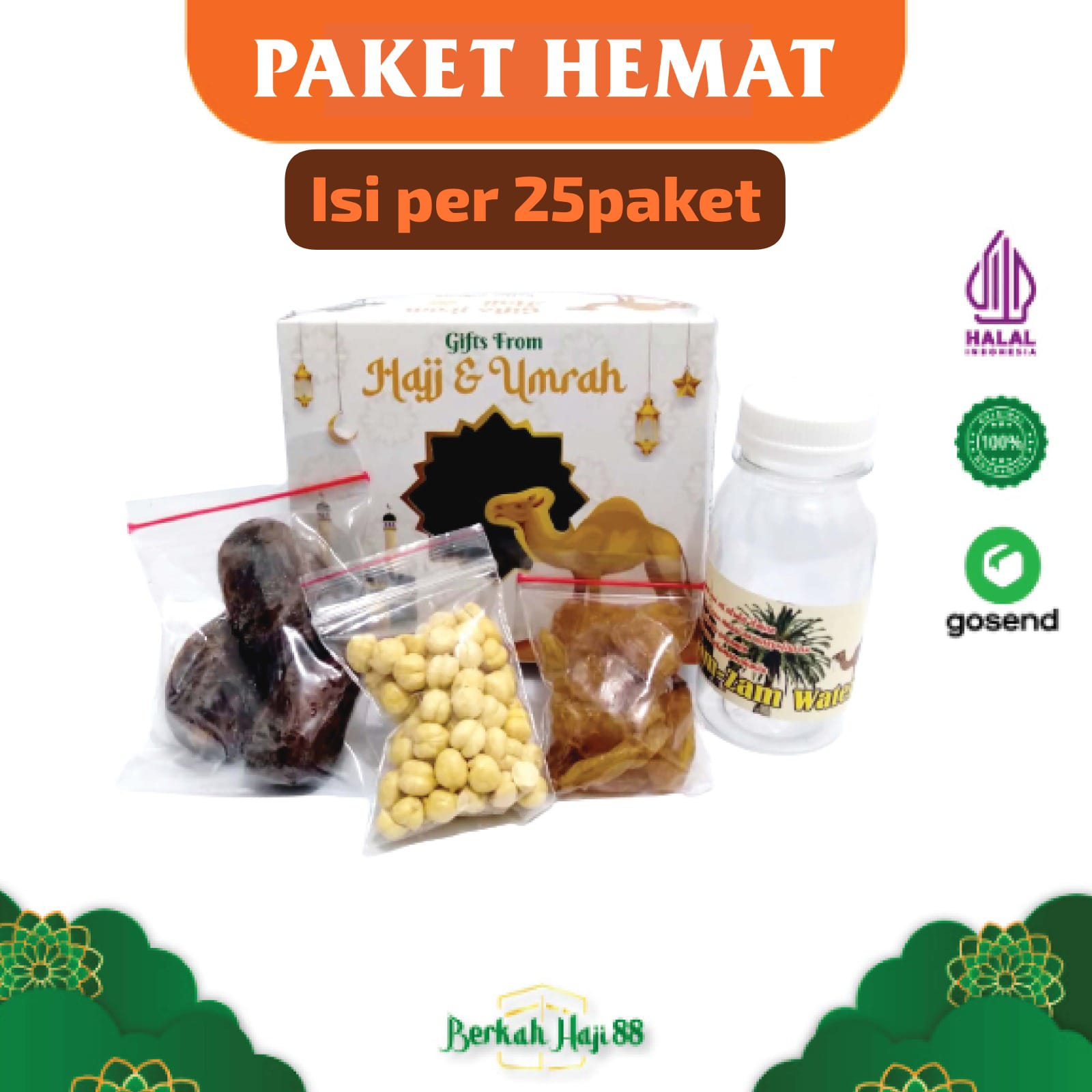 Paket  25 Box HEMAT Oleh oleh Haji Umroh Murah dan Lengkap Air zamzam dan Botol 80ml + Kurma Khalas + Kacang Arab + Kismis