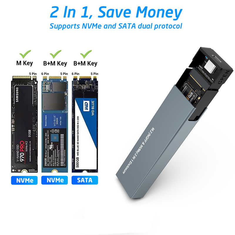 Casing SSD M.2 NVMe SATA Dual Protocol USB 3.1 Gen2 Type C Case 10Gbps USB C Support M and B&amp;M Key