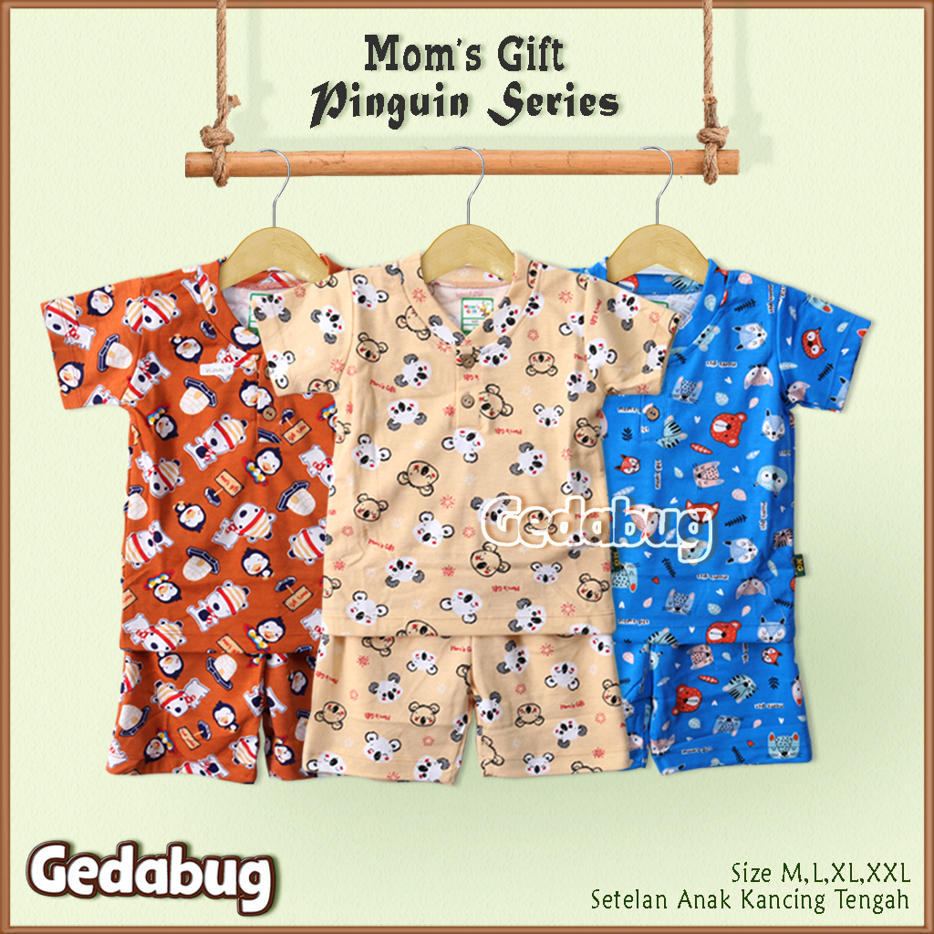 3 Setel - Setelan Anak Pendek Mom's Gift Pinguin Series | Setelan Kaos anak Kancing Depan Moms Gift | Gedabug