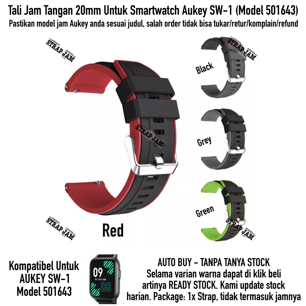 Tali Jam Kompatibel Aukey SW-1 SW1 501643 20mm - Strap SSR Sporty Rubber List Warna