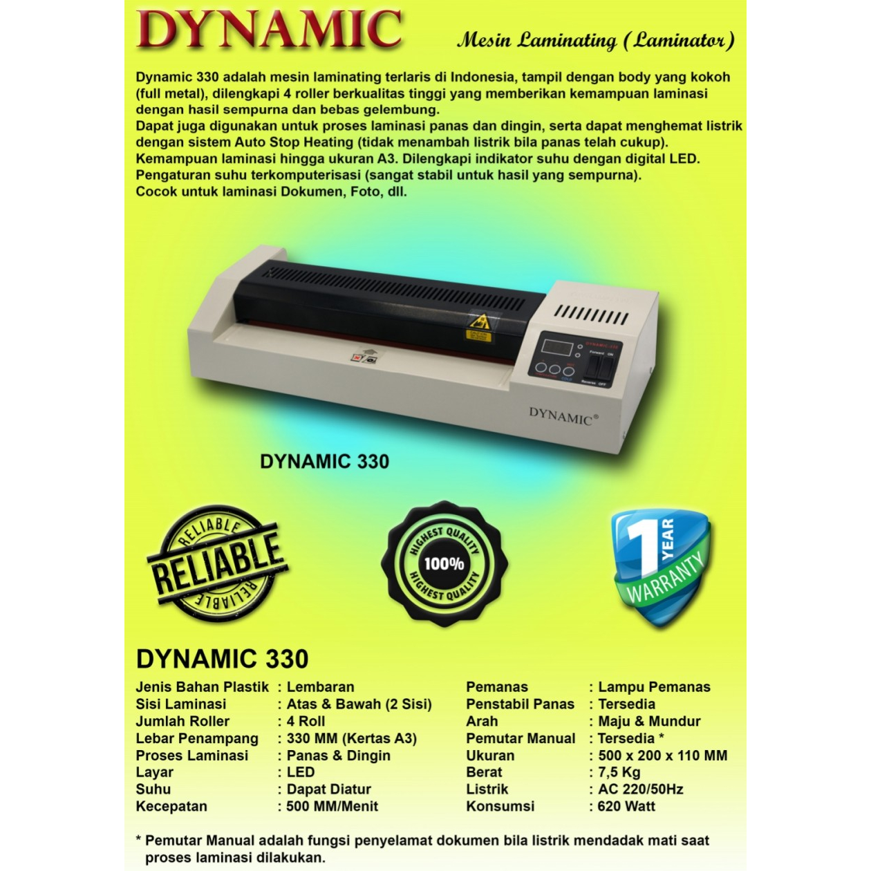 

Mesin Laminating DYNAMIC 330 (LED) Laminator A3