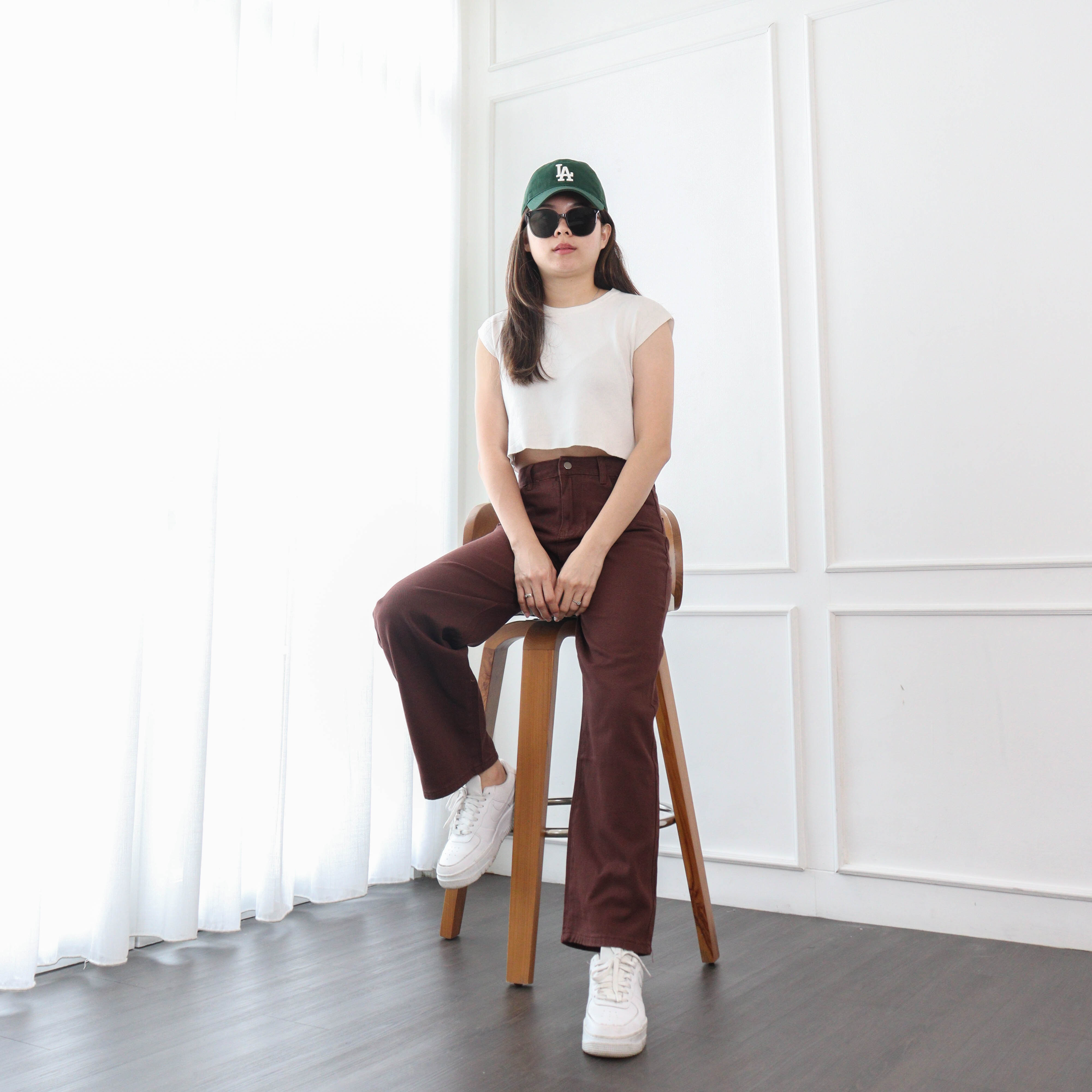 DEMORIN - Celana Jeans Bawahan Wanita Highwaist Straight Korean Plain Brown Polos Coklat X5006