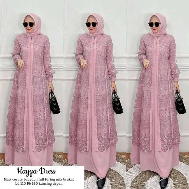 Baju Hayya Maxy Dress Kekinian 2023 Baju Gamis Brukat Wanita Muslimah Baju Kondangan Mewah Trendy OOTD Pesta Perempuan Dewasa Kekinian Gamis Ceruta Mix Brukat