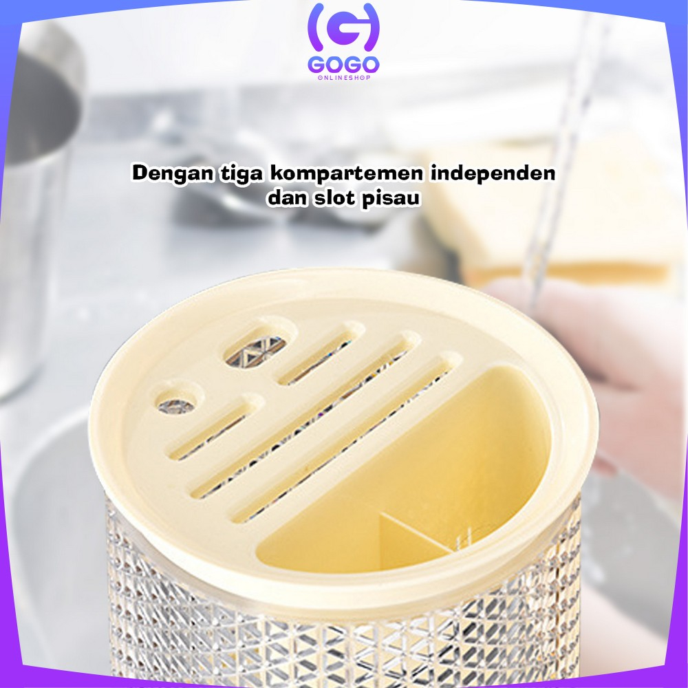 GOGO-C854 Tempat Sendok Garpu Sumpit Pisau Cutlery Holder Dengan Tirisan / Wadah Penyimpanan Rak Putar 360° Estetik Peralatan Dapur