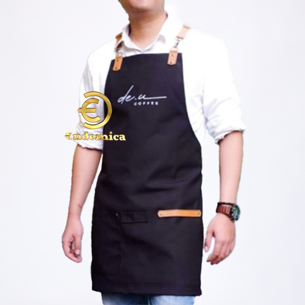 Apron barista celemek cafe apron barbershop kanvas waterpellen 100 % &amp; pu leather Y strap plus bordir logo