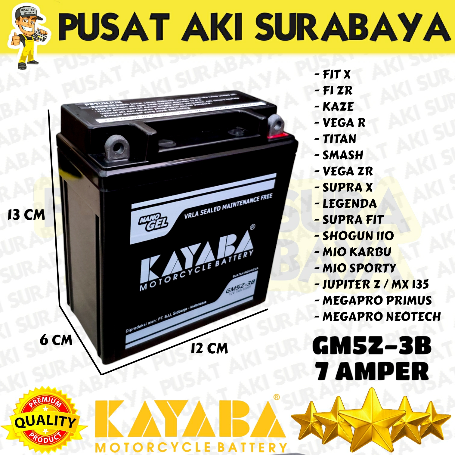 ASLI KAYABA GM5Z GT6A ACCU KERING MOTOR HONDA ASTREA LEGENDA GRAND SUPRX5AL YB5LB YT7C GM5ZA FIT VEGA ZR MT