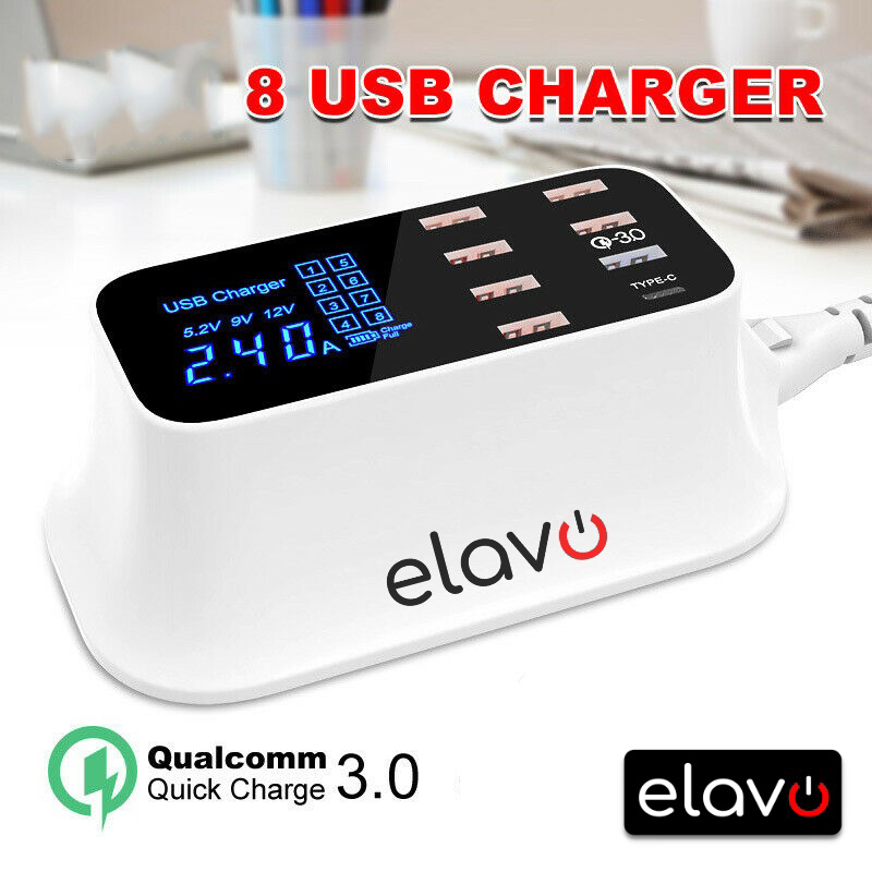 ELAVO 8 Port USB Charger station portable 40W Quick charging Adaptor Multifungsi adapter Original Type C Qualcomm Fast charge android iphone 5A 3A 2A ampere kepala charging Hp handphone devices universal