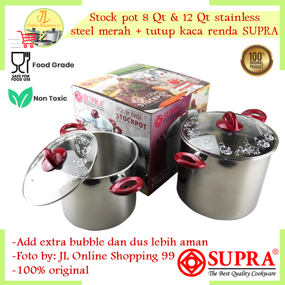 SUPRA stock pot 8qt & 12qt tutup kaca renda Merah supra / panci set besar