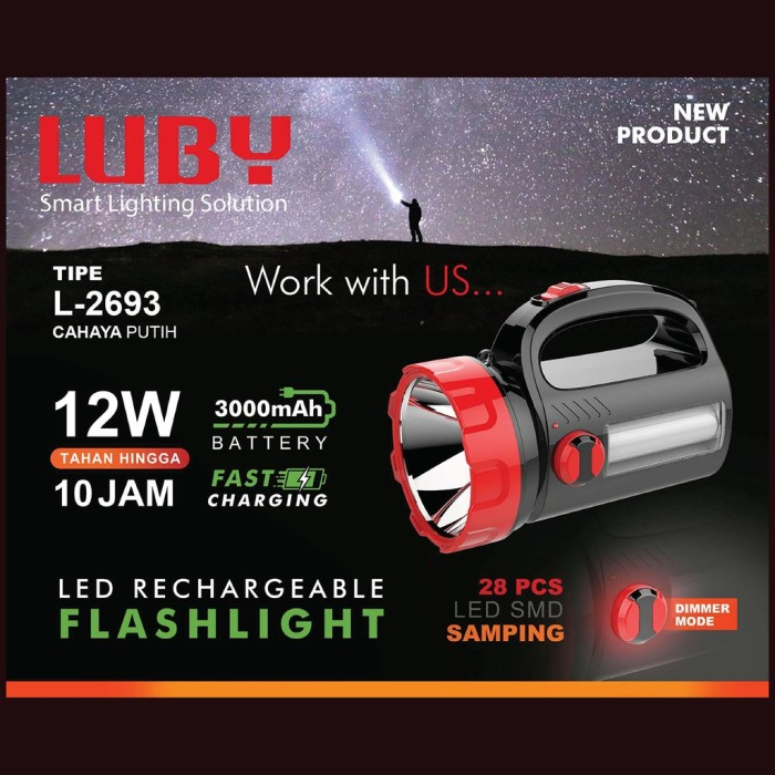 Senter Luby 12 watt Tahan Hingga 10 Jam Baterai Cas Ulang Cepat L 2693 Lampu Emergency LED