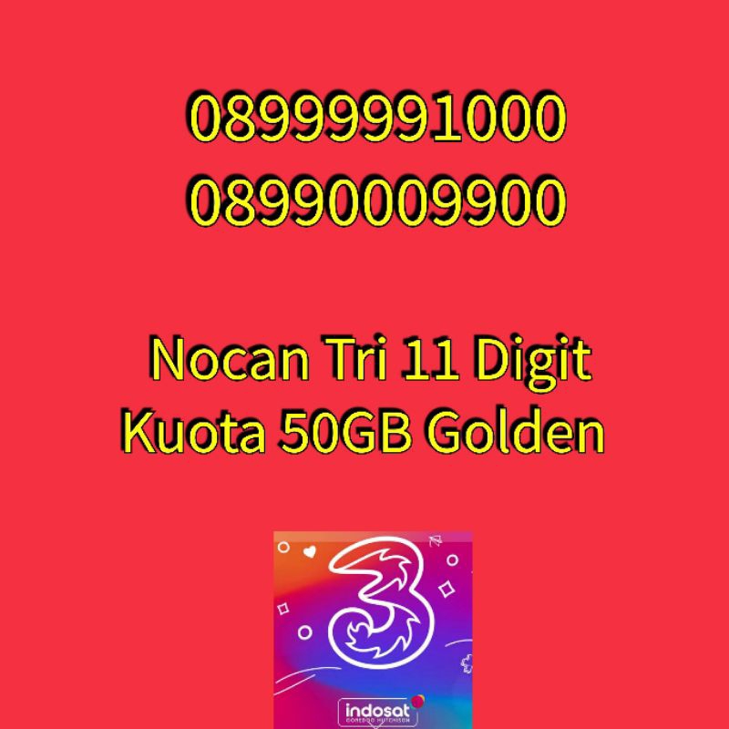 Nomor Cantik Nocan 0, 8, 9 Kartu Perdana Tri Three 4G LTE Kuota 50GB Golden