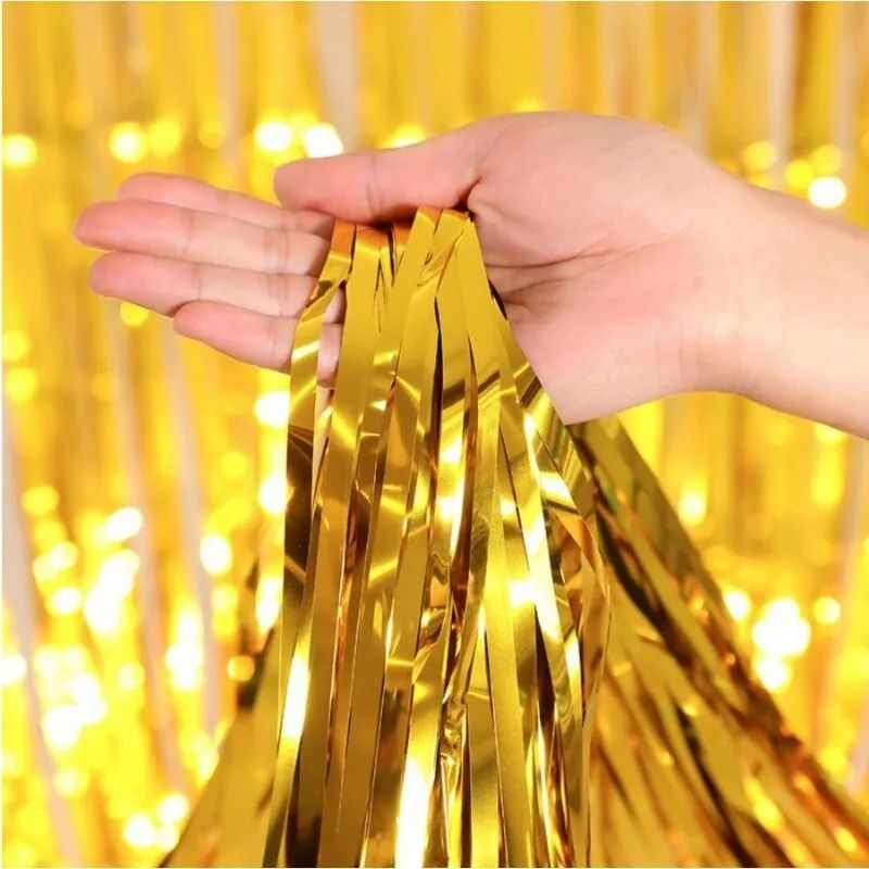 Tirai Pesta Ulang Tahun Tirai Rumbai Plastik Chrome Foil 99 x 180 Cm Foil Curtain Backdrop Curtain Selinger Metalik Import Murah