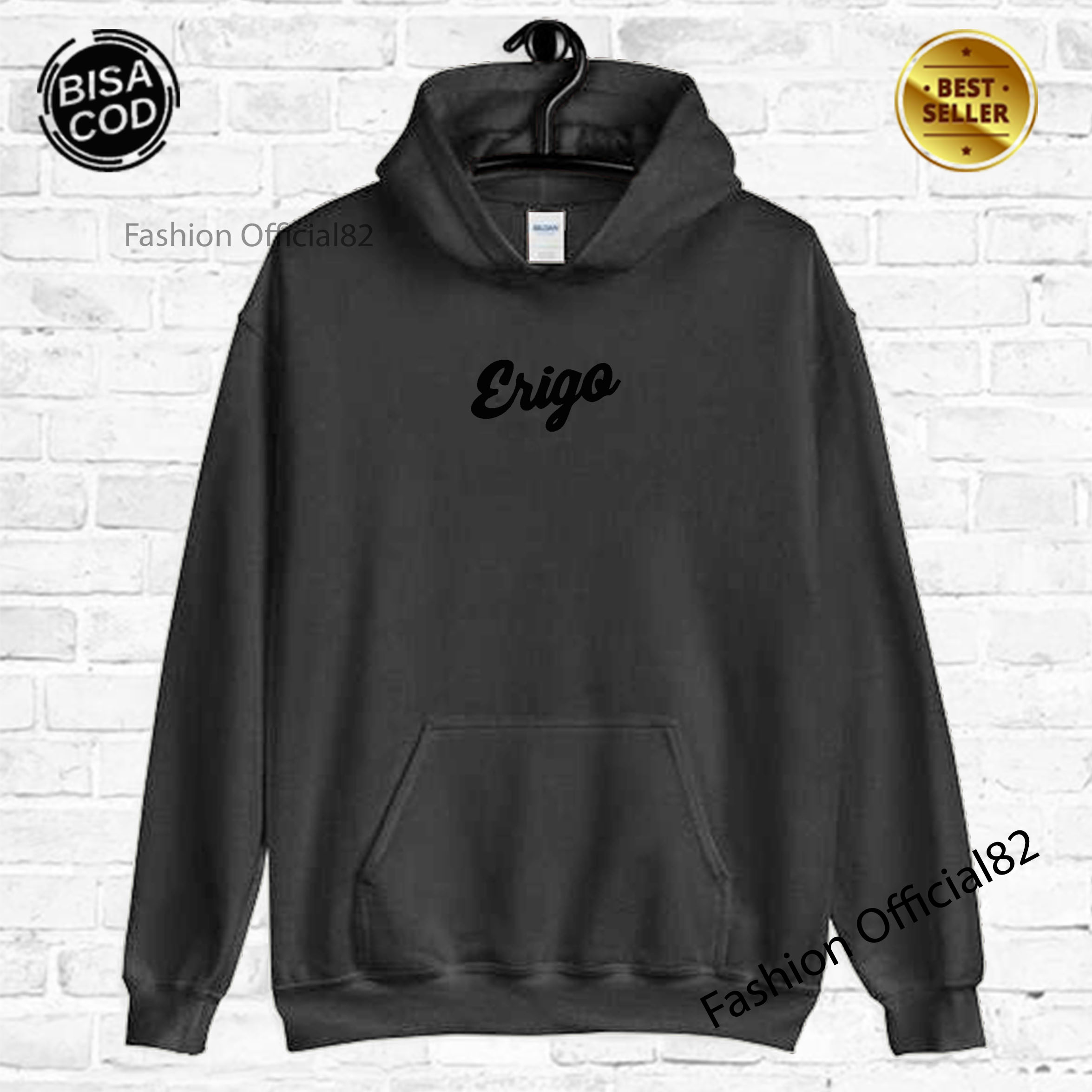 Sweater Hoodie Distro Erigo Premium Text Hitam Pria Wanita