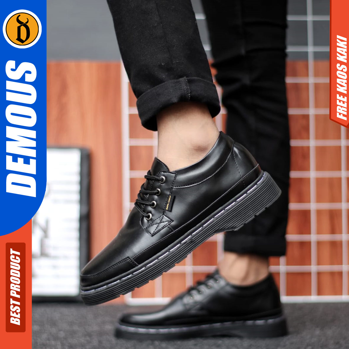 DEMOUS KUZAN - Sepatu Formal Casual Pria Kulit PU Hitam Tali Pantofel Kerja Kantor