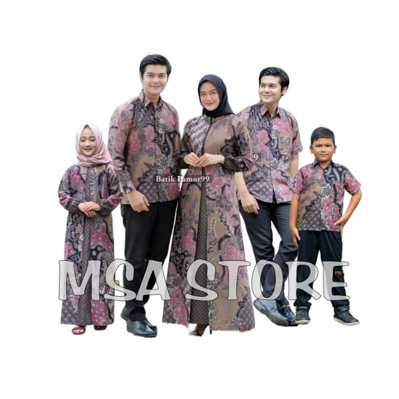 Batik Couple Keluarga Modern Terbaru Set Sarimbit Gamis Keluarga Kemeja dan Hem motif mahkota pink