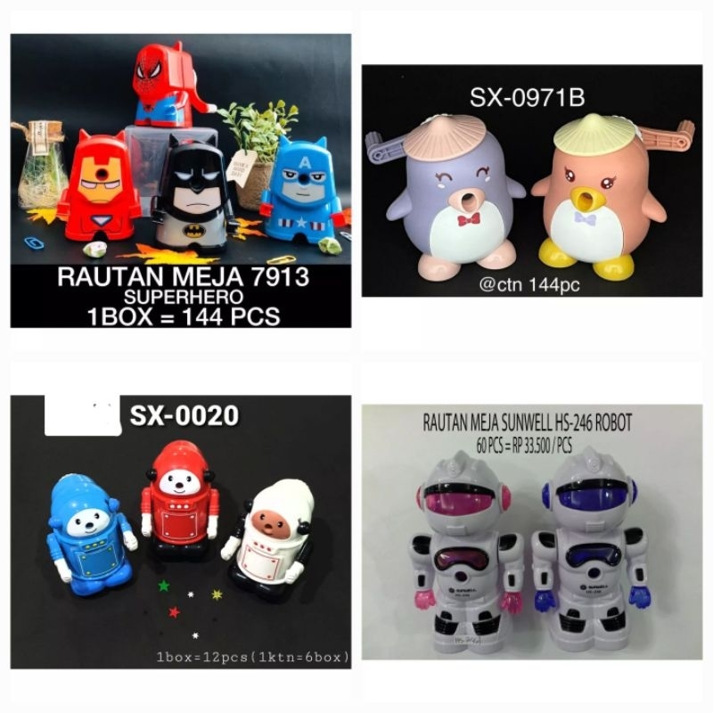 

[FREE BUBBLE+DUS] Serutan Rautan Meja Putar Super Heroes / ANIMAL PENGUIN SX- 0971 A B/ ROBOT SUNWELL HS-409 HS-246