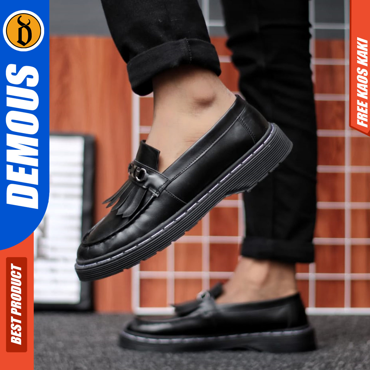 DEMOUS HIMAWARI - Sepatu Loafers Pantofel Formal Pria Docmart Casual Kulit PU Hitam Kerja Pria