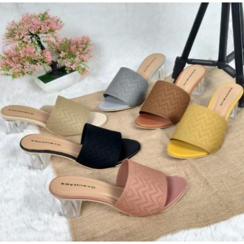 Sandal Heels Hak Kaca Upper Rajut 5 CM