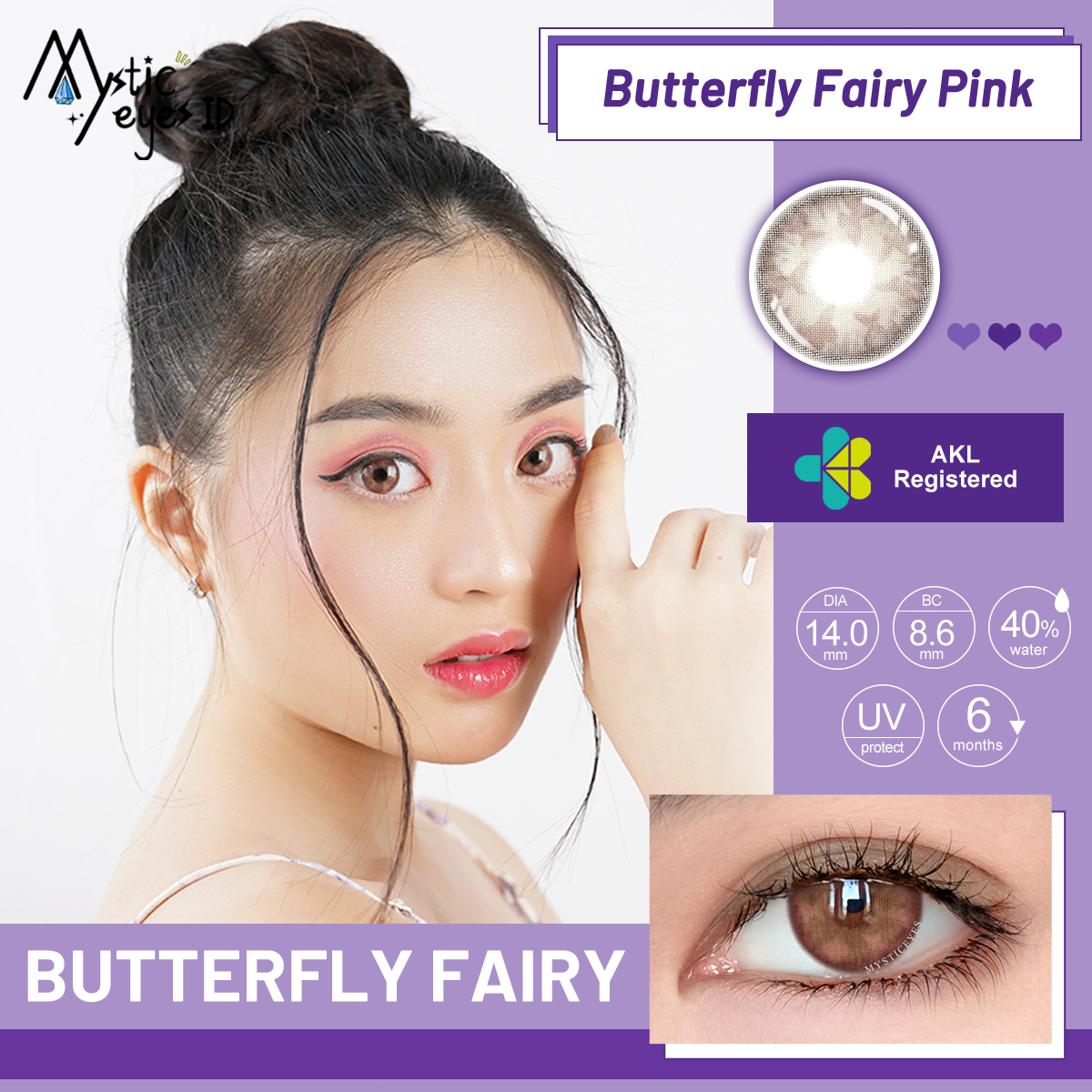 [✅COD] MYSTICEYES SOFTLENS Butterfly Fairy SERIES GREY PINK COLOR CONTACT LENS  NORMAL 14.0 MM