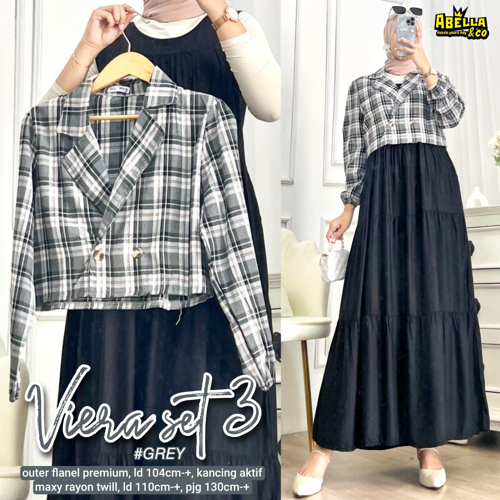 VIERA#3 SET DRESS / 21.9 / BAHAN FLANEL MIX RAYON / LD 110 CM / PB 130 CM / DRESS ALLSIZE FIT TO XL / ABELLA