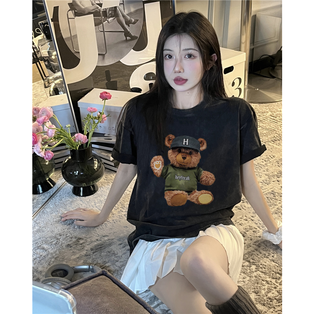 XIAOZHAINV Korean Style Cartoon Teddy Bear Pattern Washed Printing Kaos Wanita A0903/Baju Wanita Kekinian