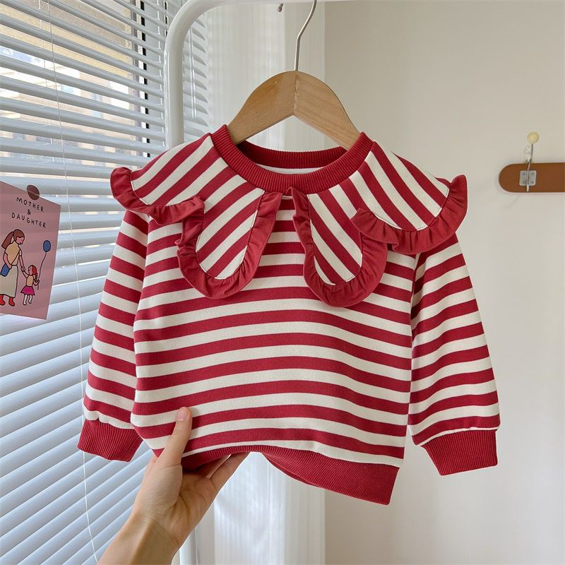 Setelan Sweatshirt Anak Perempuan Motif Strip Merah Celana Panjang Mutiara 8