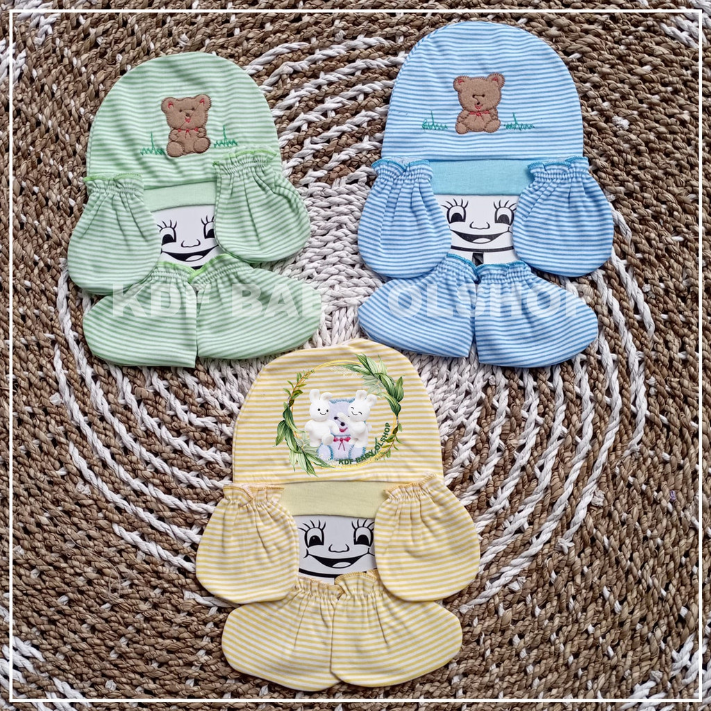 1 set 3 in 1 motip salur sarung tangan sarung kaki+topi bayi paket 3 in 1 sarung tangan sarung kaki bayi newboar set stk bayi baru lahir