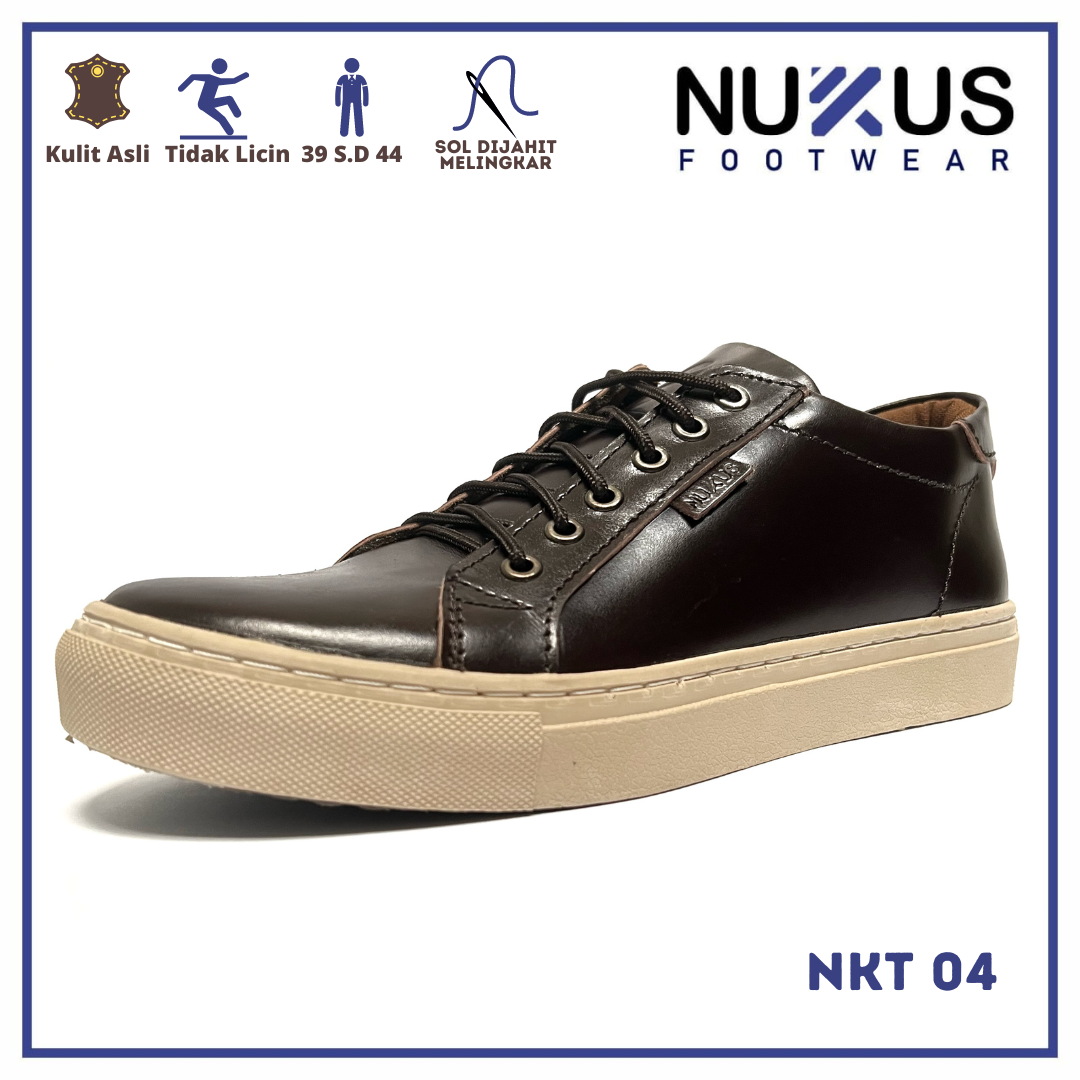 Nukus Sepatu Pria Sneakers Classic Tali Kulit Sapi Asli Coklat Tua - NKT 04