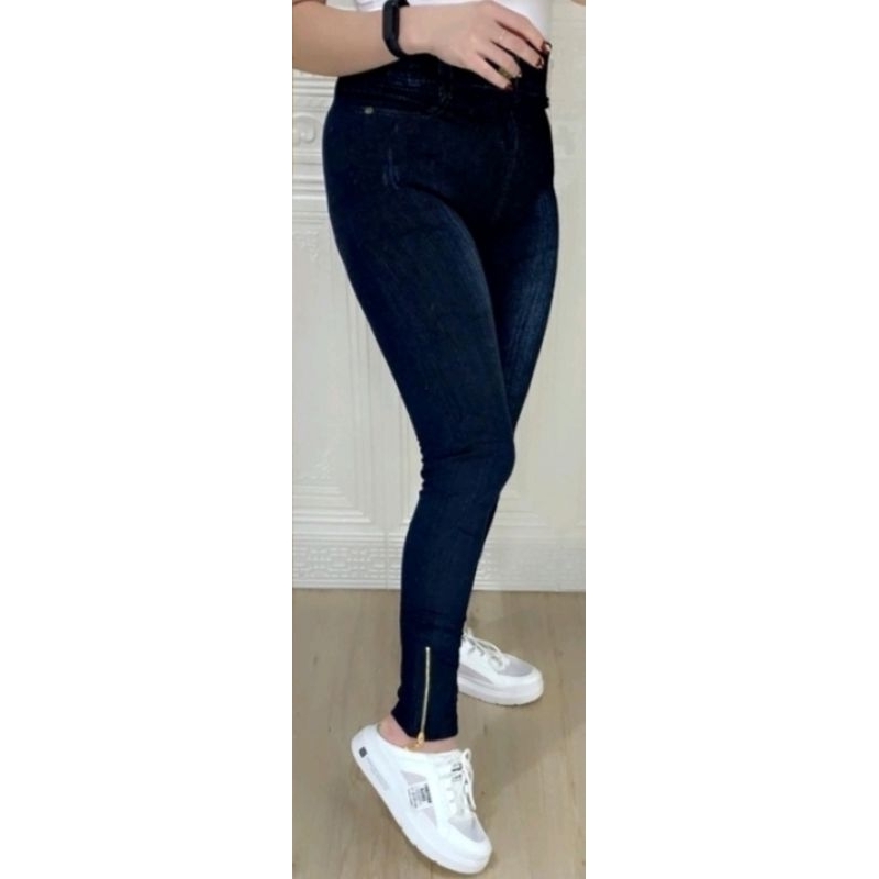 Legging Hw Jeans Zipper Wanita Premium Denim Import Terbaru Fit S-XXL Jumbo