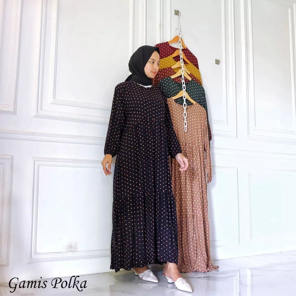 Gamis Wanita Muslim Susun Busui Motif Polkadot Syari Bahan Rayon Premium