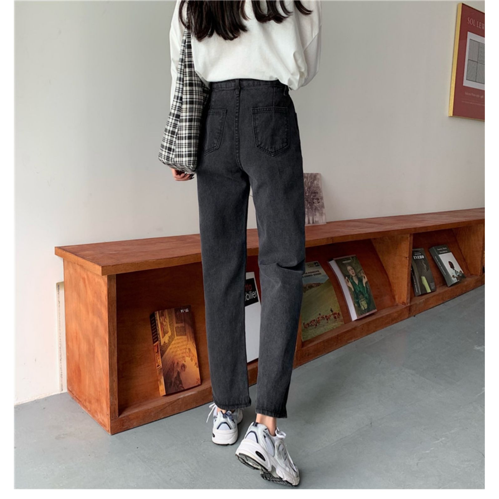 Hitam abu Highwaist Kulot Loose Panjang Celana Jeans Wanita Import