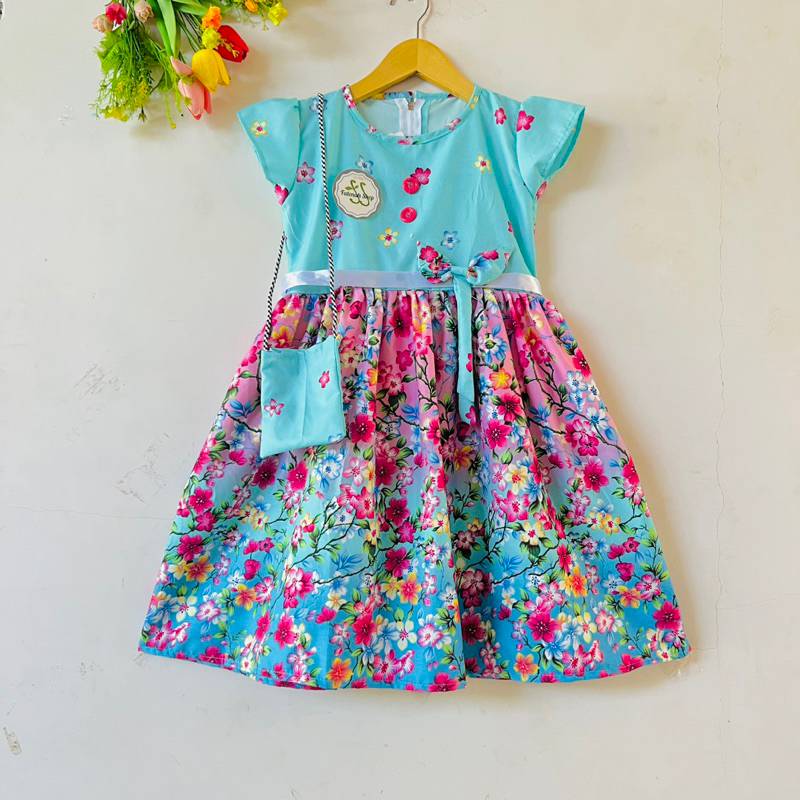 Dress anak 5 6 7 8 9 10 tahun gaun anak perempuan cewek motif bunga free tas ( dress harumi tas )