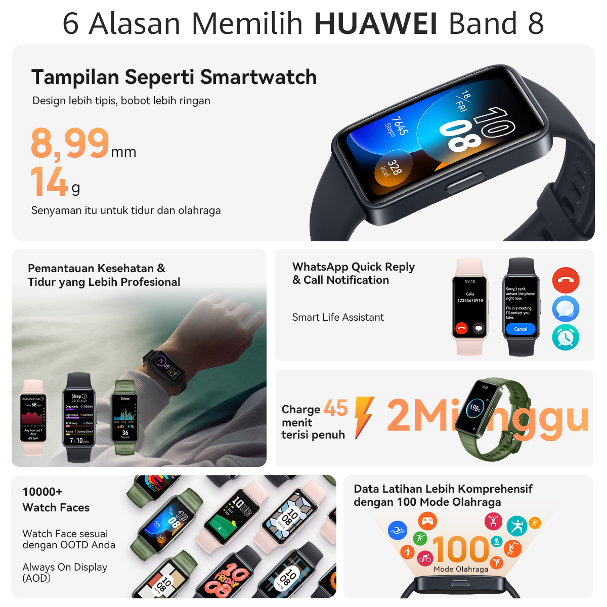 [SOLD OUT] HUAWEI Band 8 Smartband | Smartwatch-like Display | Professional Health & Sleep Monitoring | WhatsApp Quick Reply | Fast Charging | Water Resistance | SpO2 Image 2
