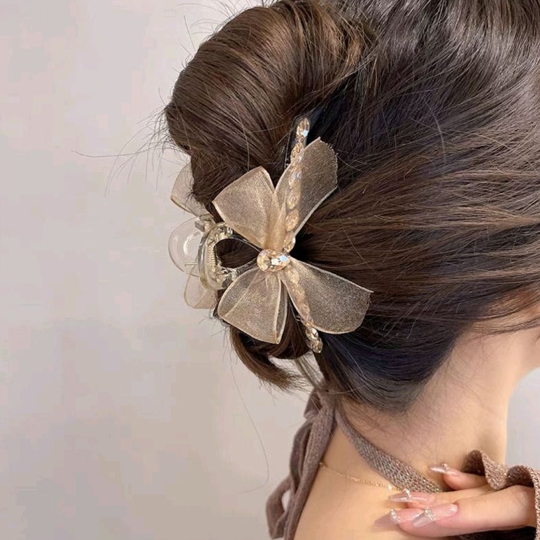 Jepit Rambut Pita Transparan Mutiara JUMBO 11cm Jepitan Rambut Salon Korea Jedai Impor Ribbon Pearl Hair Claw Clip