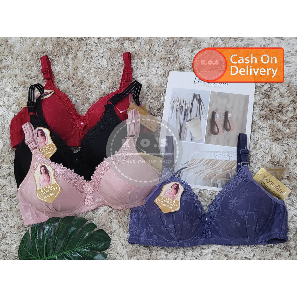 Bra Bh Tanpa Kawat Corak Emboss cantik Kombinasi renda Size 38 - 44