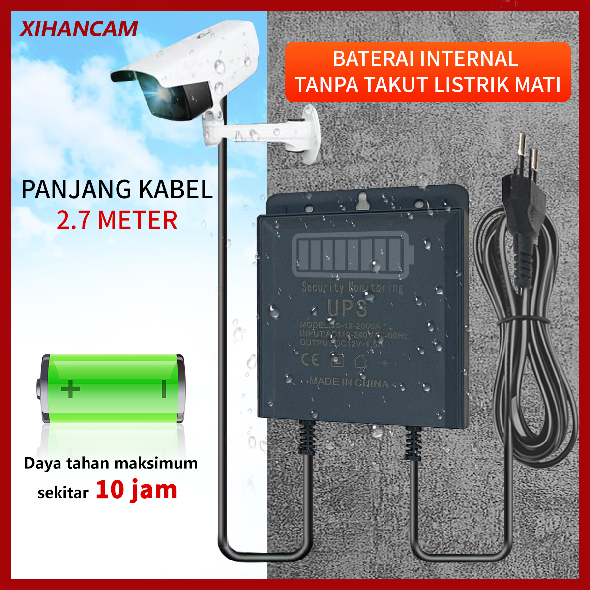 XIHANCAM Adaptor Power Output DC 12V Cadangan Baterai UPS Mini Catu Daya Tak Terputus untuk WiFi Router Modem Antarmuka Universal Kamera Keamanan Charge Travel Adaptor Charger Kamera CCTV Outdoor Charging