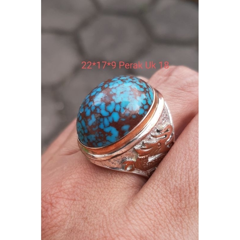 Natural Cincin Batu Pirus Mesir Blue Fancy Ceplok Kuro Ring Perak