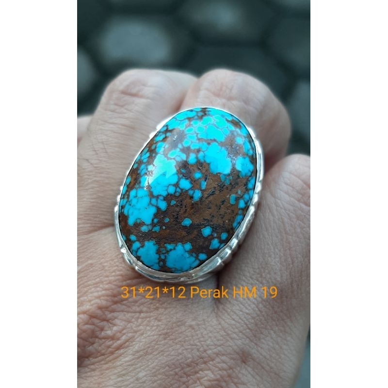 Natural Cincin Batu Pirus Persia Blue Fancy Lawasan Jumbo Istimewa Ring Perak HM