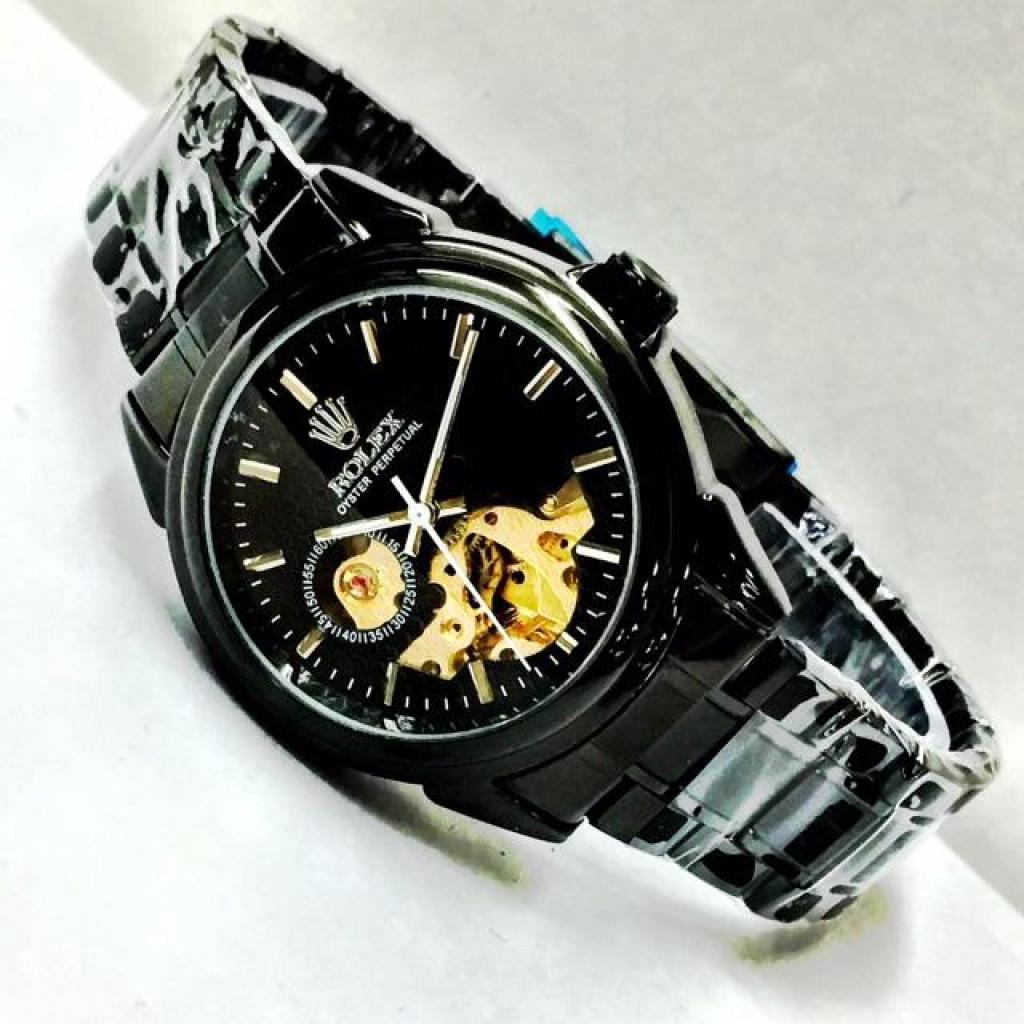 Jam Tangan Rolex Pria | Skeleton Chain | Rantai | Automatic | Otomatis | Romawi A Hitam | Fullblack