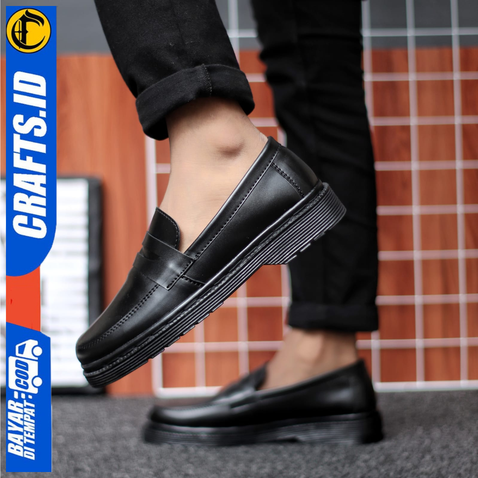 Sepatu Docmart Formal Pantofel Kerja Pria Hitam Kulit PU Crafs Polis